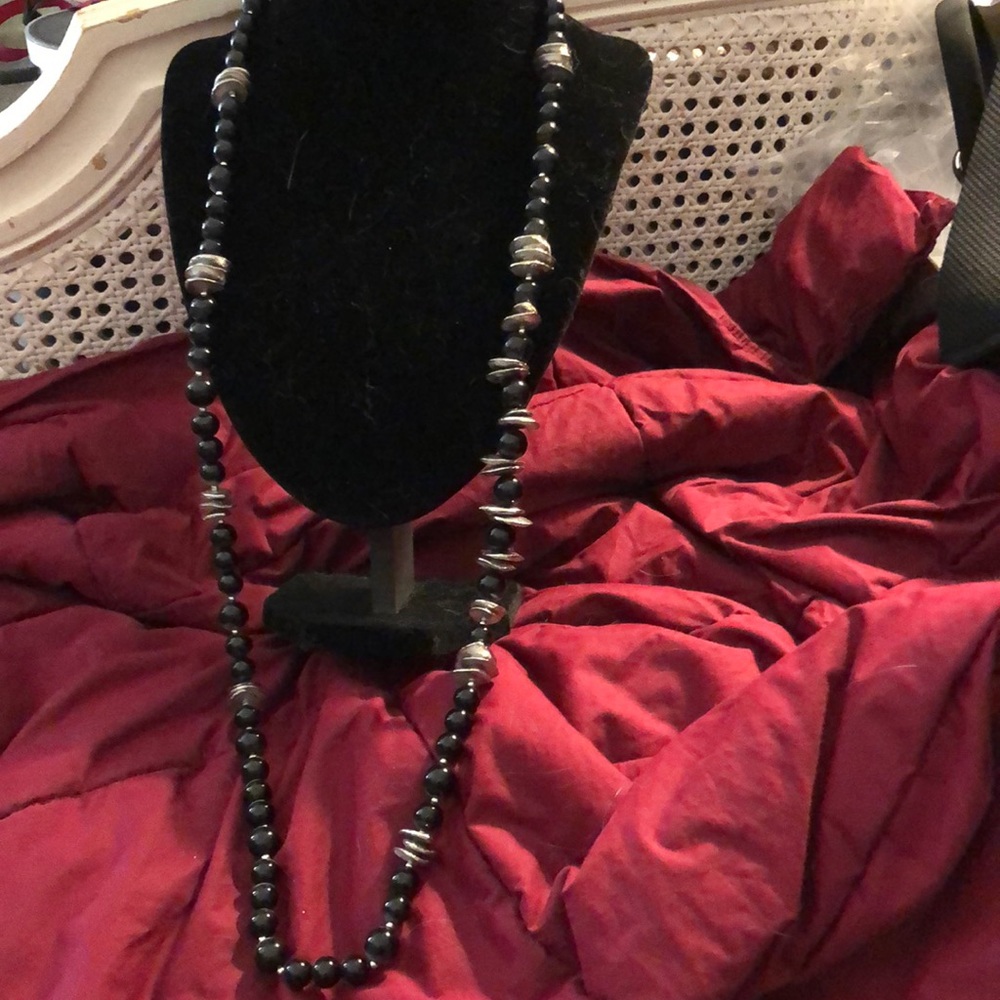 VTG Like New Chico’s 38” Black/Silvertone Beads & Roundels Statement Necklace